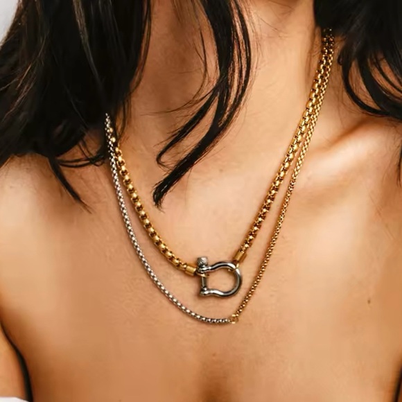 18K Gold & White Gold TwoTone Chunky Horseshoe Carabiner Front Closure Necklace - Picture 2 of 7